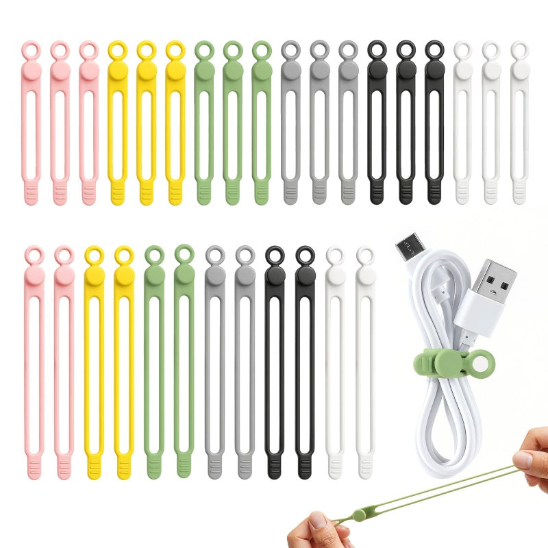 awrose 30 Pcs Silicone Cable Ties, Reusable Data Cable Organizer Wire Organizers For Office, Multipurpose Elastic Cord Wraps Cable Management For Charging Cord,Appliances,Home,Office,Kitchen,School,Travel - Image 1